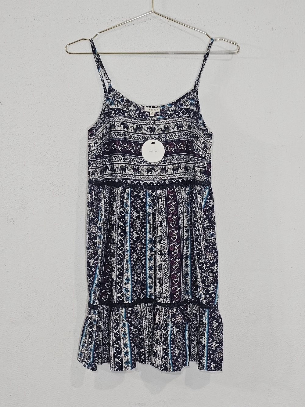 En Crème Boho Elephant Print Mini Dress S NWT Rayon Festival Hippie Blue Summer